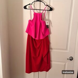 Betsy & Adam Pink & Red Spaghetti Strap Colorblock Cocktail Dress